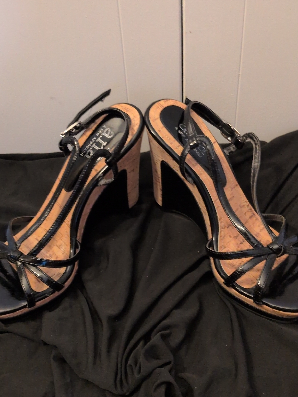 A.n.a.Black Patent Cork Block Heel Sandals